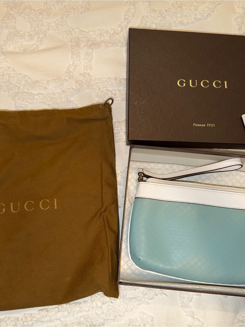 Gucci Blue and White Leather Wristlet Clutch